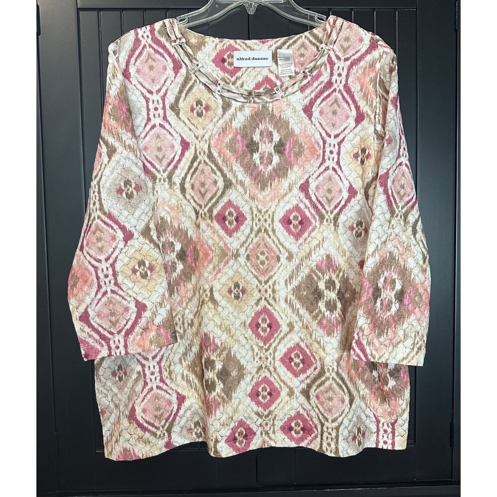 Alfred Dunner Top Womens Large‎ Ikat Print 3/4 Sleeve Pink Beige Embellished